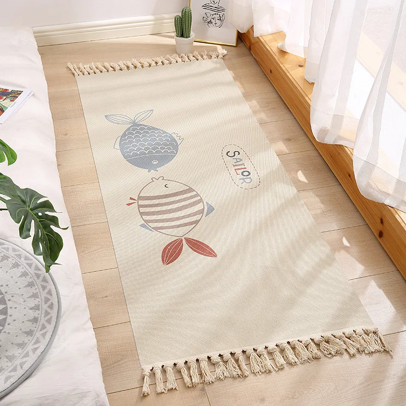 

Simple Ethnic Style Cotton and Linen Carpet Bedroom Bedside Mat, Bathroom Living Room Non-slip Handmade Tapestry Carpet