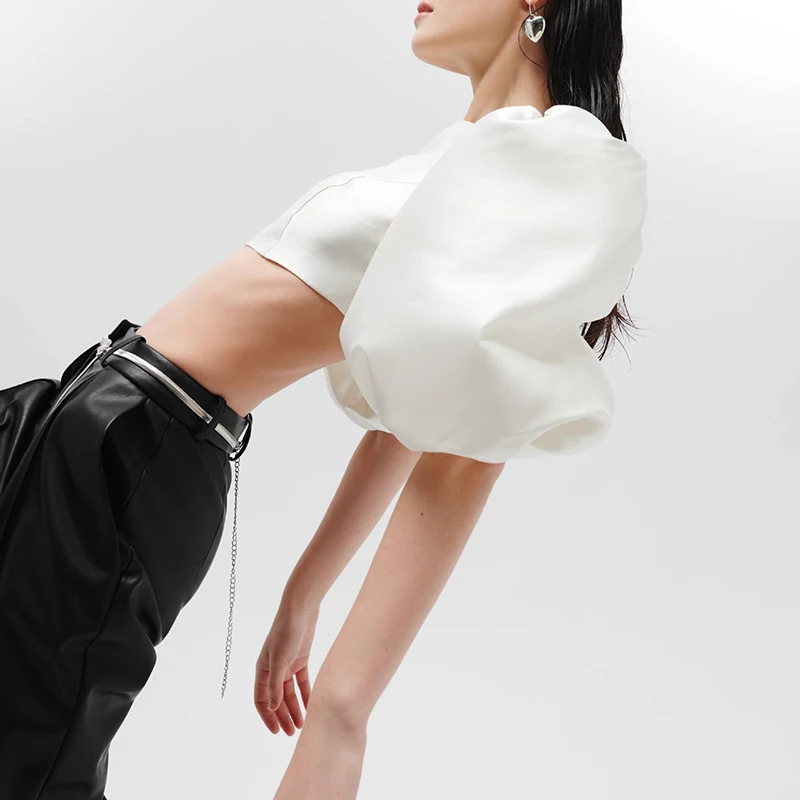 

ONEINALL Solid Sexy Women's Shirts O Neck Lantern Half Sleeve Back Zipper Short Slim Blouses Female 2021 Summer Fashion Clothes