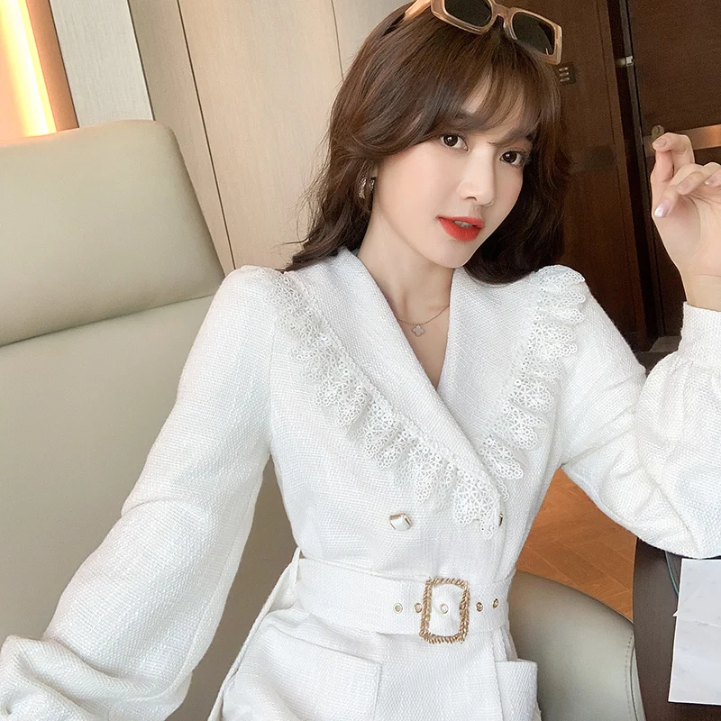 Temperament OL Short White Tweed Dress 2020 Autumn New Lace Trim Notched Double breasted Lantern Sleeve Blazer Dresses Women | Женская