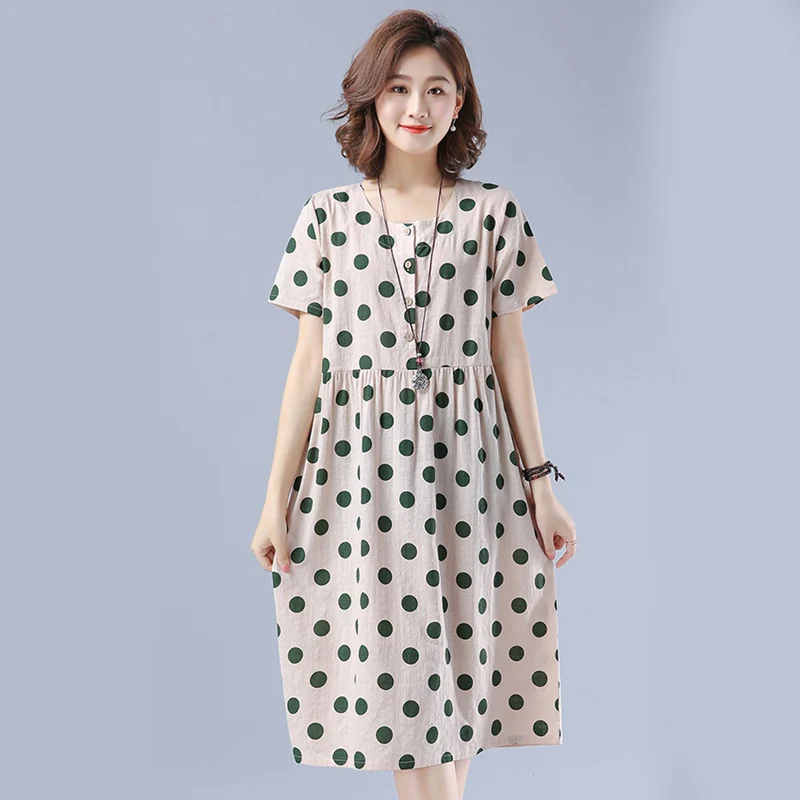

Fashion Polka Dot Cotton Linen Dress Women High Waist A Line Summer Dress Short Sleeve Single-Breasted Bohemian Midi Dresses