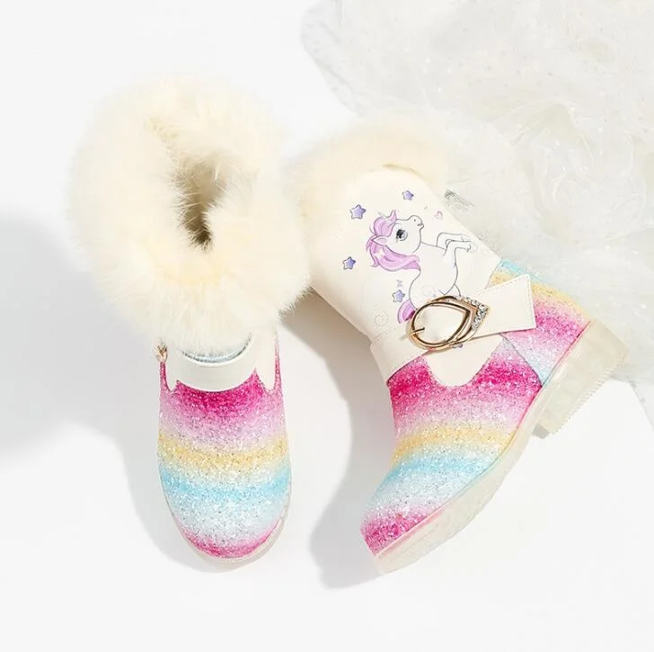 

Fashion Girls Snow Boots With Sequins Waterproof Pu Leather Princess Rainbow Unicorn Plush Boots Winter Kids Cartoon Shoes