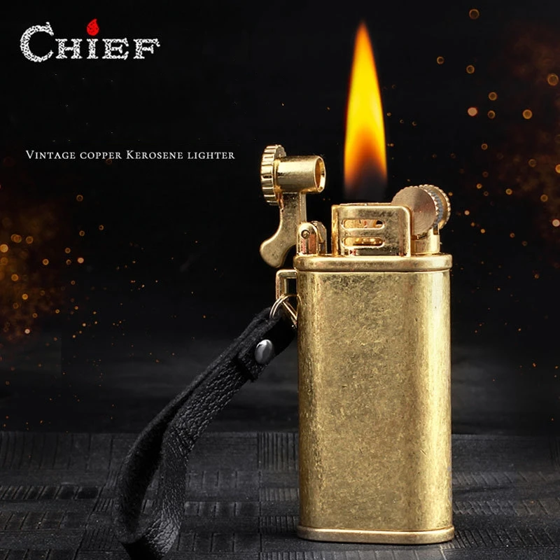 

Vintage Copper Chief Kerosene Oil Lighter Windproof Portable Metal Grinding Wheel Trench Cigarette Lighter Outdoor Tool Men Gift