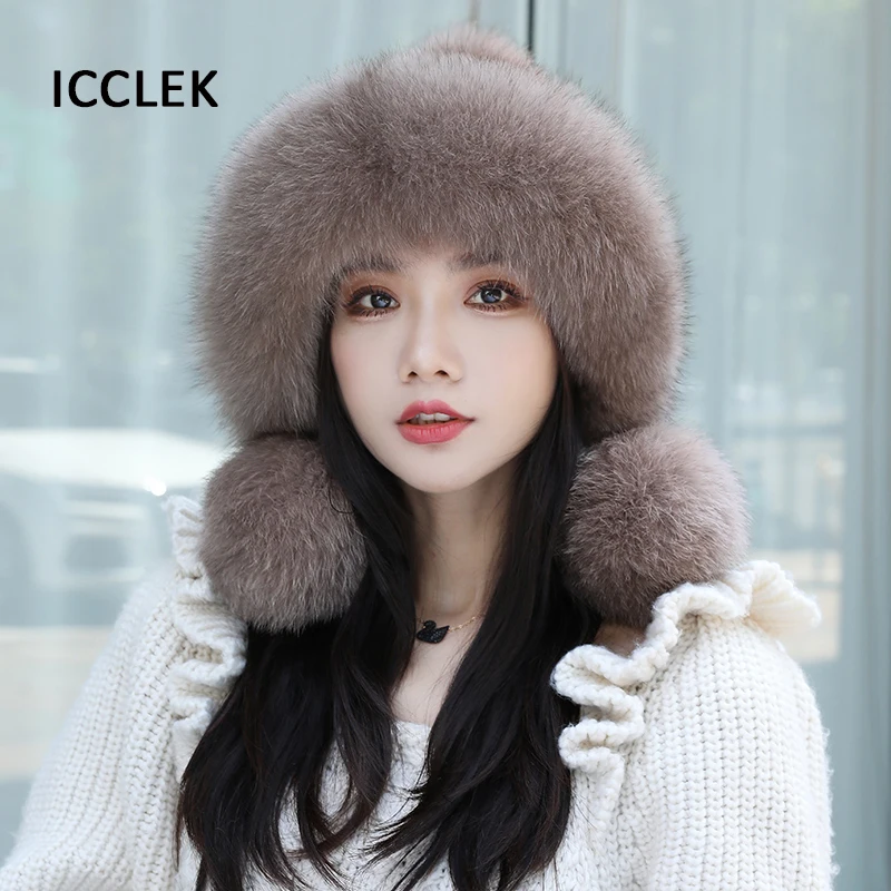 Women Real Mink Fur Bomber Hats Winter Genuine Mink Fox Fur Pom pom Hat Autumn Winter Women Hat Elastic Warm Fur Caps