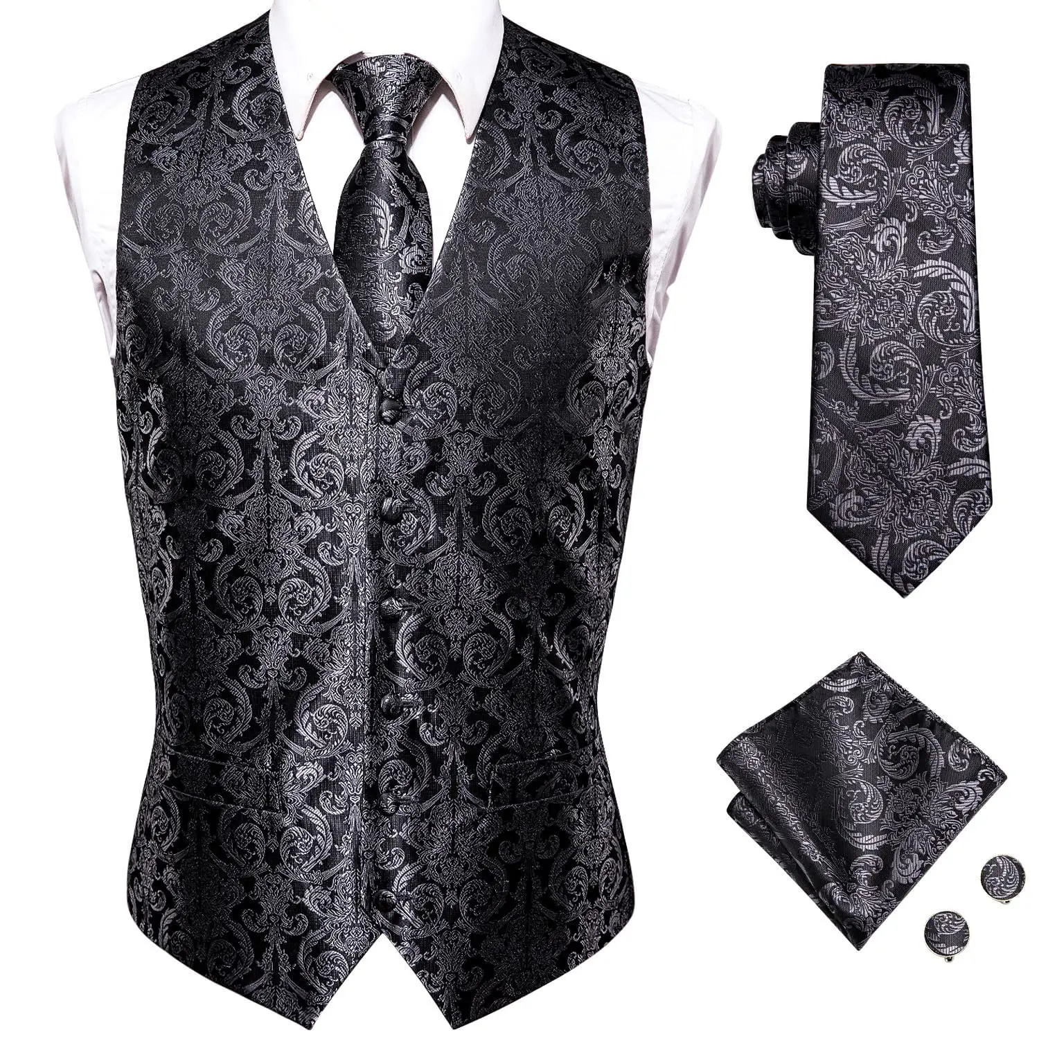 Hi-Tie Brand Silk Mens Vests Waistcoat Tie Hanky Cufflinks Set Red Blue Green Purple Gold Waist Jacket For Men Wedding Business | Мужская