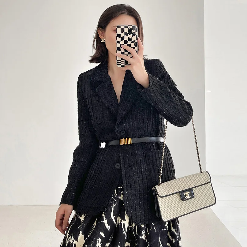 Новые твидовые куртки пальто Переплетенные на осень 2022 черная шерстяная