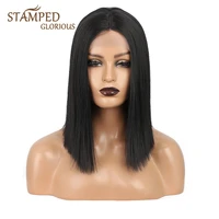 stamped glorious short straight synthetic black wigs middle part bob wigs for women blonde mixed brown wig high temperature