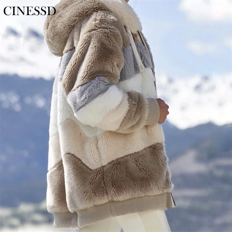 

Winter Women Jacket Fashion Plush Patchwork Zipper Pocket Winter Hooded Jacket Retro Loose Long Sleeve Plus Size Women Top Coat