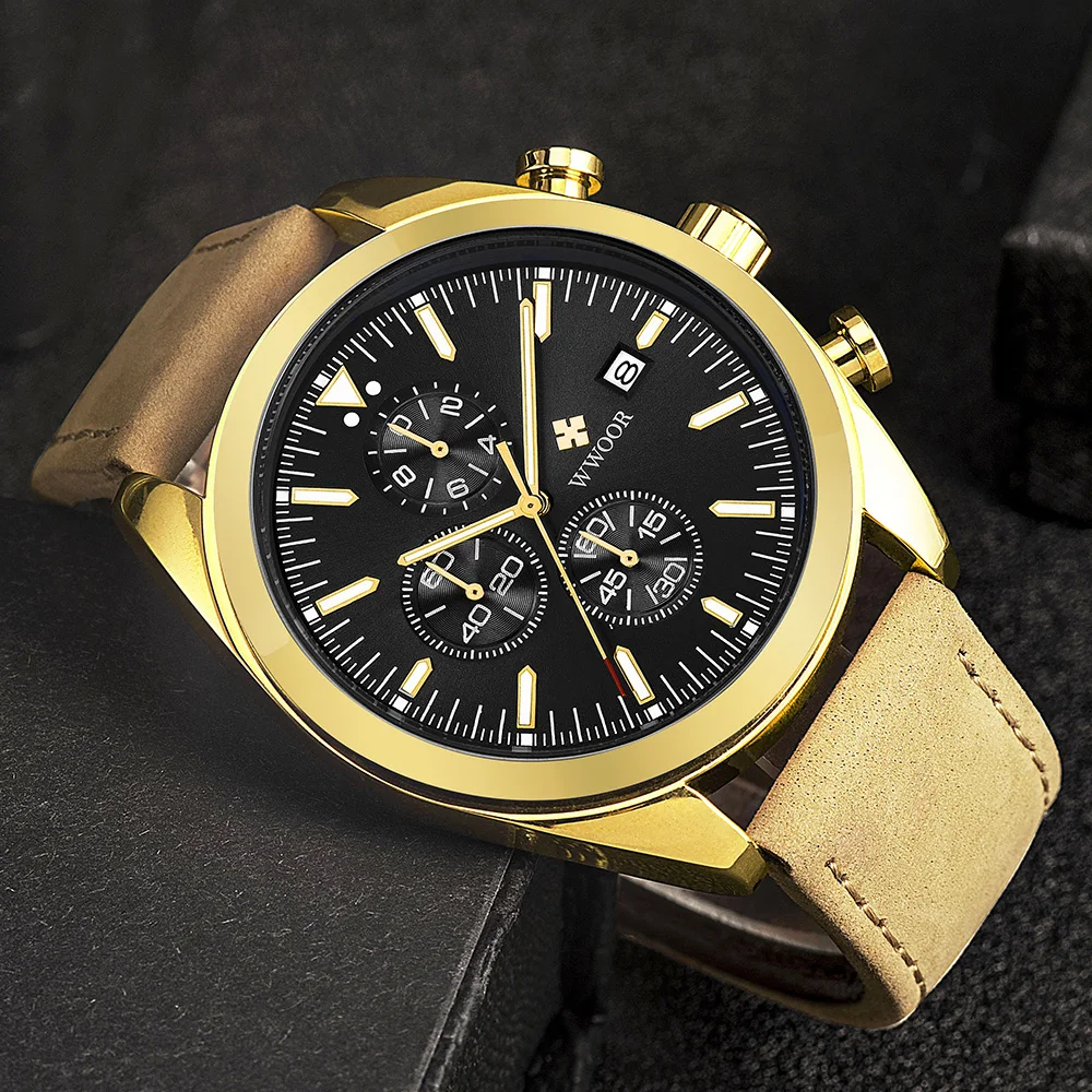WWOOR 2021 Sport Business Watches For Men Top Brand Luxury Leather Waterproof Quartz Watch Men Gold Black Chronograph Wristwatch