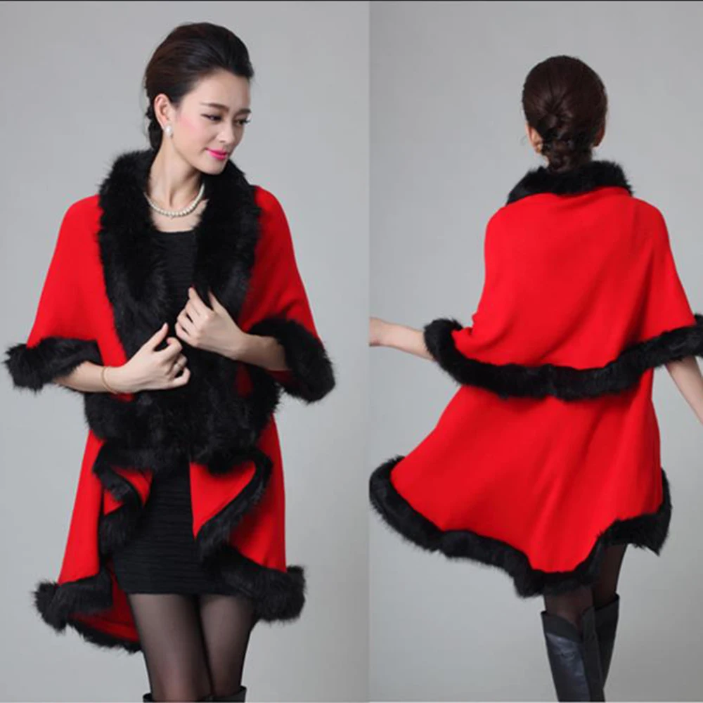 

Fashion Double Layer Handcraft Fox Fur Cape Shawl Long Knit Cashmere Poncho Coat Wraps Faux Fur Pashmina Cloak Women Winter New