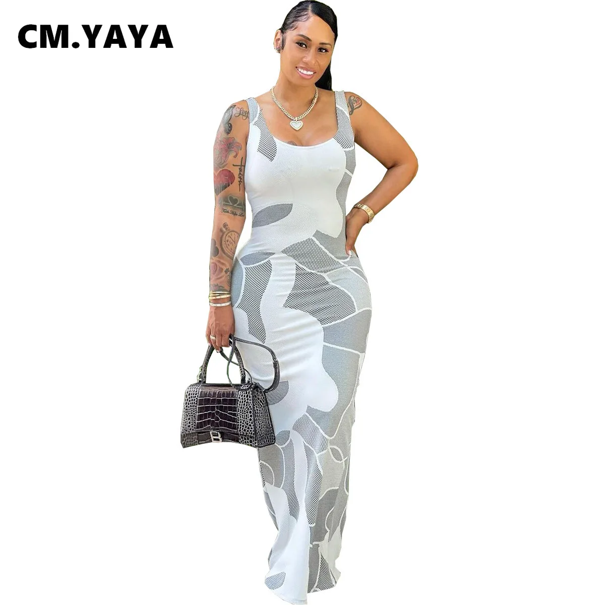 Женское обтягивающее платье макси CM.YAYA длинное без рукавов с принтом для