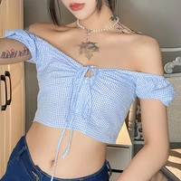 tops blue women slim t shirt sexy v neck stitching crop top street puff sleeves cotton casual summer fashion lace up 2021