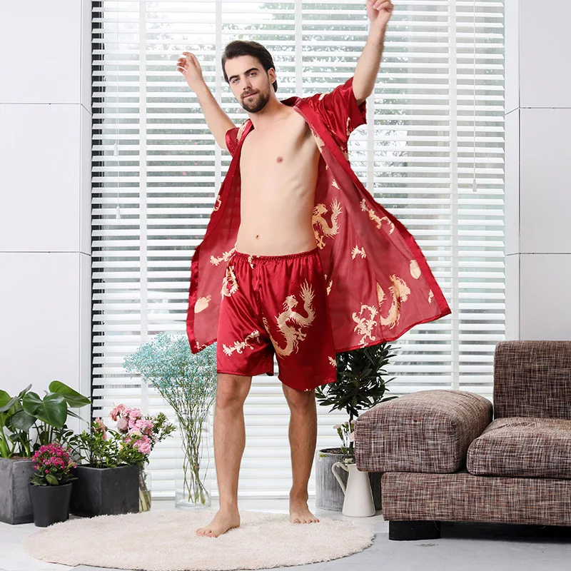 Two-Piece Robe Silk For Mens Set Women Sexy Short Sleeve Imitation Kimono Pajama Male Satin Bathrobe Home Service Couples Nightg