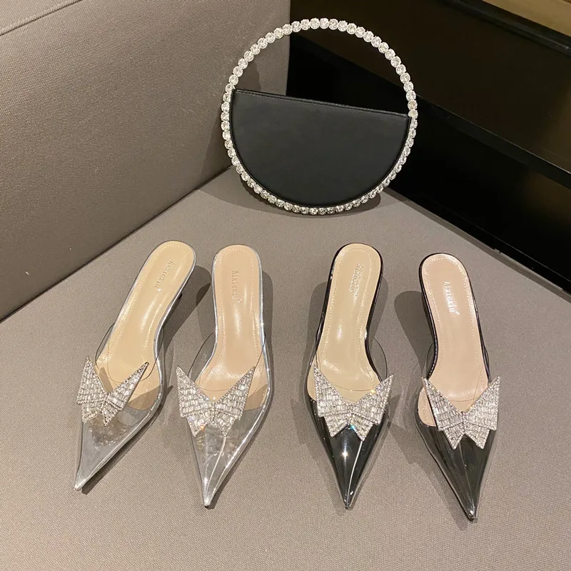 

Прозрачные тапочки, летняя женская обувь на тонком каблуке, блестящие туфли с острым носком «желейные», шлепанцы, низкие бабочки-Kno