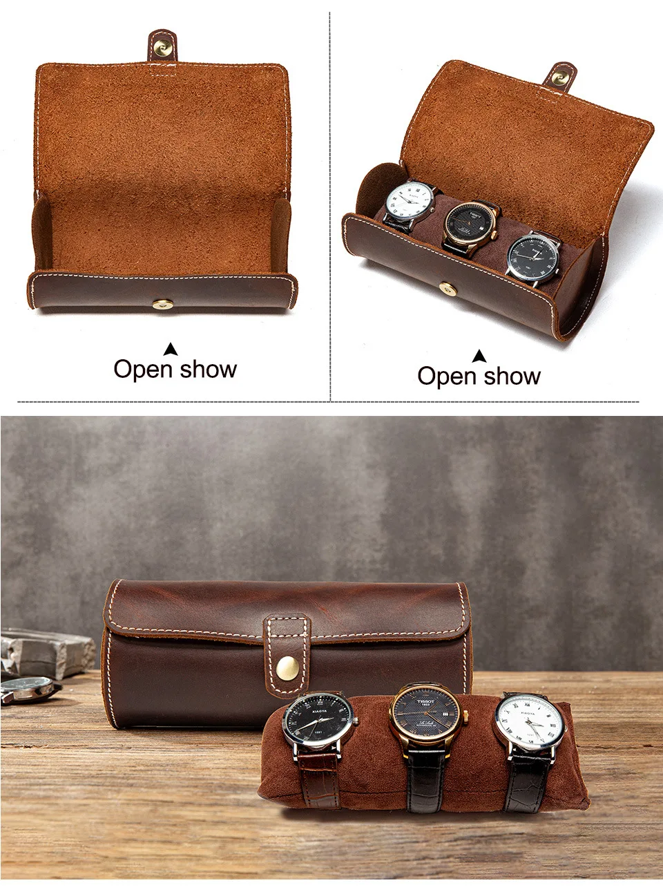 

Vintage brown Genuine Leather 3 Slot Watch Box Handmade Watch Roll Travel Case Wristwatch Pouch Exquisite
