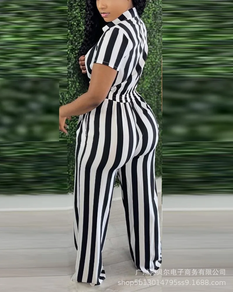 

Wepbel V-neck Jumpsuits Wide Leg Pants Striped Jumpsuit Women Summer Shorts Sleeve High Waist Streetwear Shirt Top Jumpsuits