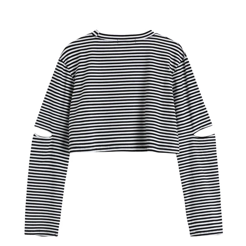

XITAO Striped Hollow Out T Shirt Women 2020 Winter Casual Fashion New Style Temperament All Match O Neck Women Clothes ZY3360