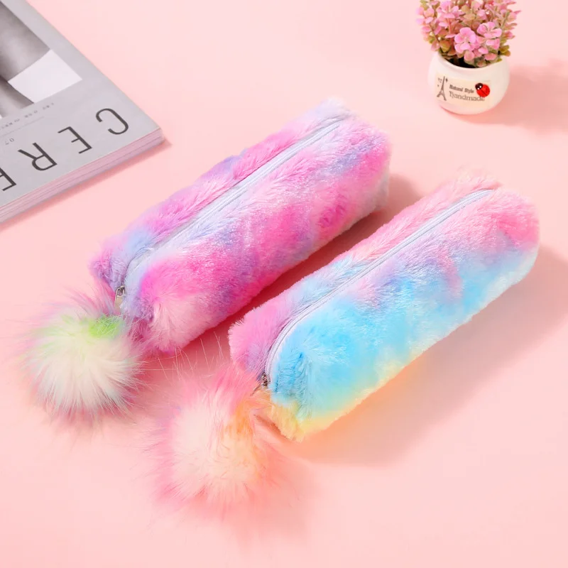 

rainbow color plush pencil case student large capacity stationery storage bag ladies plush sequin pencil case