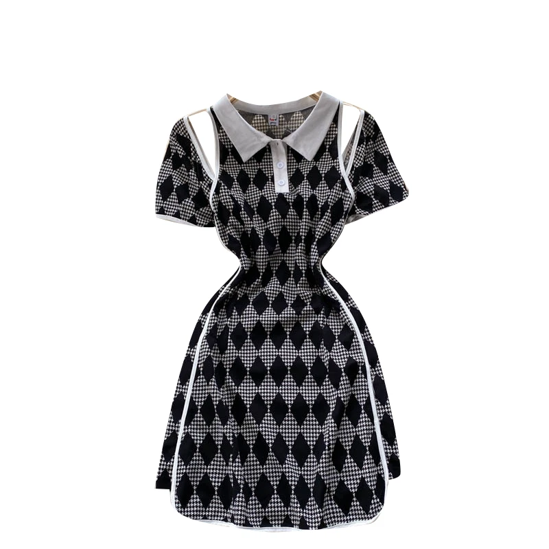 

Retro Diamond Plaid Dress Women Turndown-Collar Short Sleeve A-line Dresses Summer Design Hollow Off Shoulder Sundress