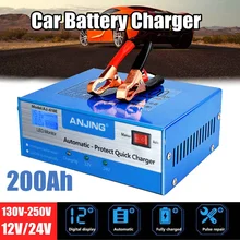 Car Battery Charger Automatic Intelligent Pulse Repair 130V-250V 200AH 12/24V Five Charging Modes Lead Acid Battery With Adapter