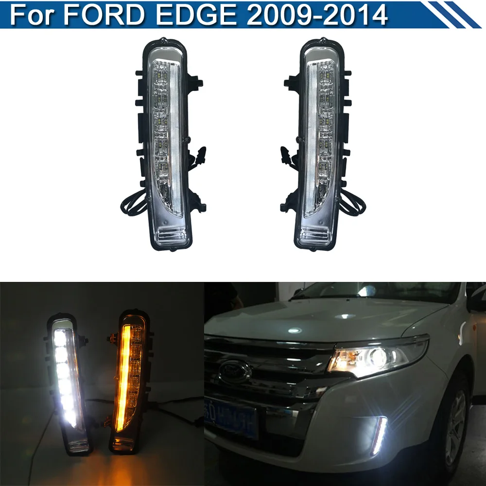 2Pcs LED Fog Warning Lamp For Ford Edge 2009 2010 2011 2012 2013 2014 White DRL Daytime Light Amber Turn Signal Lights
