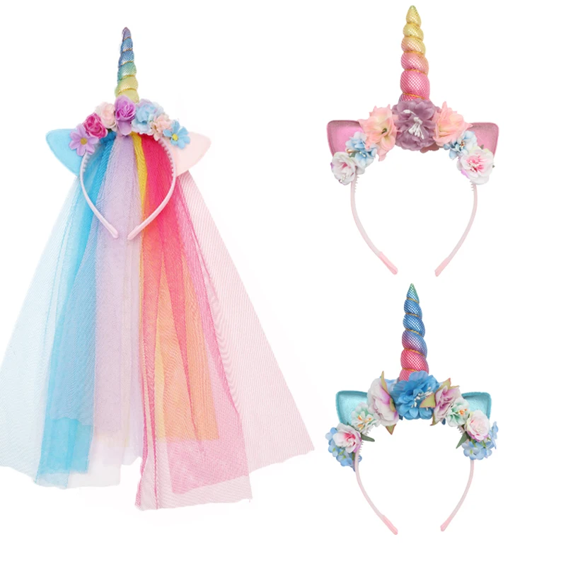 

2021 New Girl Cartoon Hairbands Net Gause Princess Birthday Party Headwear Headdress Sweet Flower Lace Hair Band for Kid