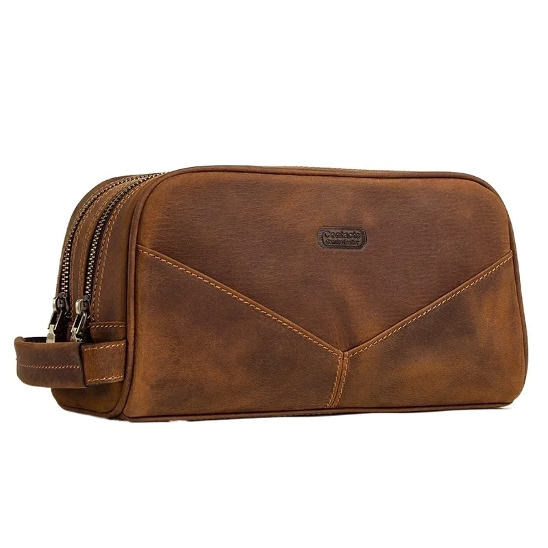 

Genuine Leather Cosmetic Bag For Men Vintage Crazy Horse Leather Man Make Up Bags Small Travel Bags Male Toiletry Bag