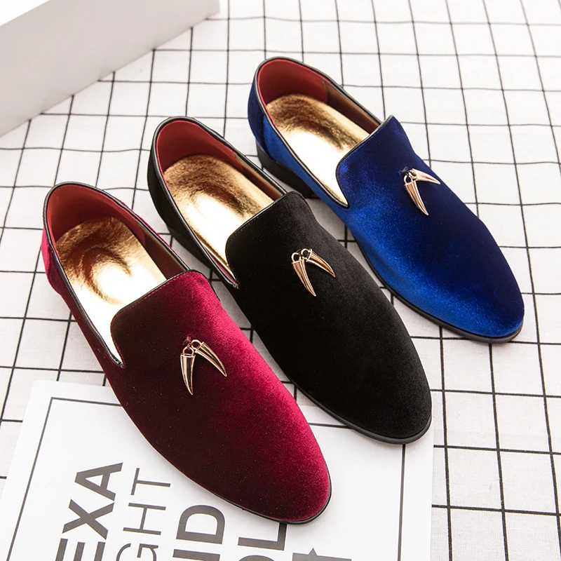 Men Shoes Dress Velvet Loafers Italian Men's Social Handmade New Fashion Metal Designer Party Royal Blue Black Red | Обувь