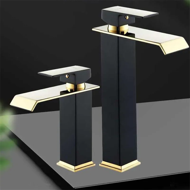 

Basin Faucet Gold and Black Waterfall Faucet Brass Bathroom Faucet Bathroom Basin Faucet Mixer Tap Hot and Cold Sink faucet