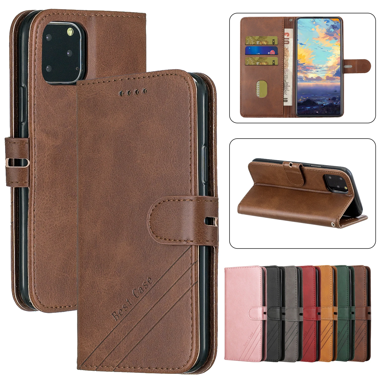 

Leather Flip Case For iPhone 13 Pro Max 12 Mini 11 XS XR 6P 7P 8P 7G 8G SE2020 5G Cover Card Slots Holder Bag Stand Wallet Soft