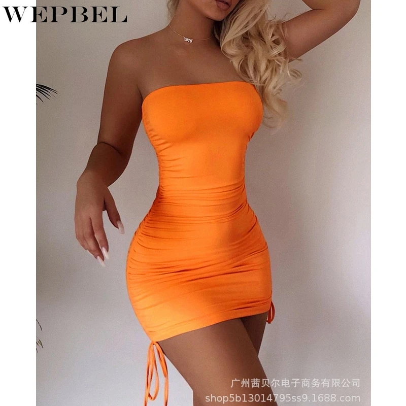 

WEPBEL Dress Women's Sexy Solid Color Slim Fit Pleated Dress Summer Fashion Lace-up Strapless Sleeveless High Waist Mini Dress