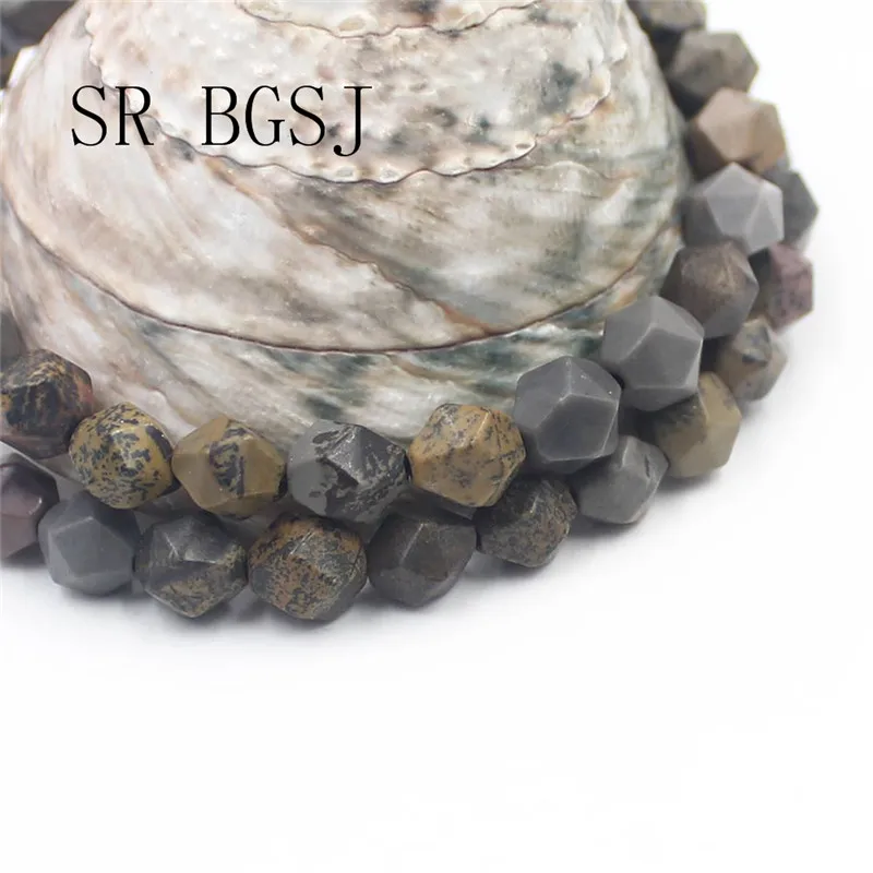 

Free Shipping BGSJ 8mm DIY Faceted Round Polygonal Vintage Picture Jasper Natural Gemstone Stone Beads Strand 15"