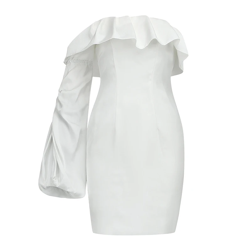 

VGH Asymmetrical Patchwork Ruffle Dress For Women Slash Neck Long Sleeve High Waist Slim Mini Dresses Female Fashion New Clothes