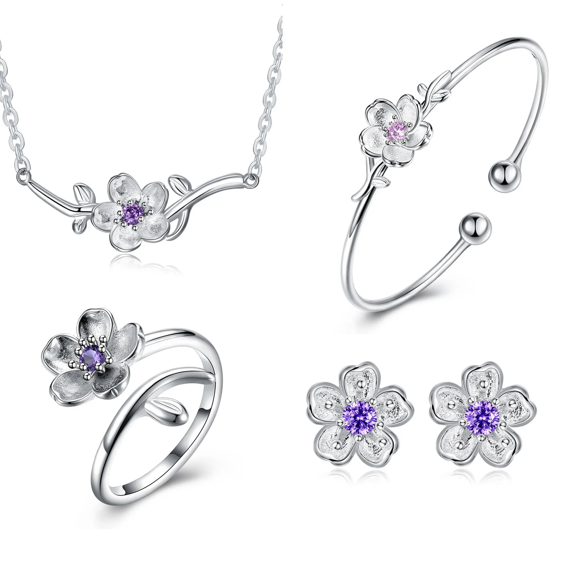 

925 Sterling Silver Cherry Blossoms Necklace Ring Bracelet Earrings Set Of 4 Elegant Fashion Fine Jewelry Set For Women