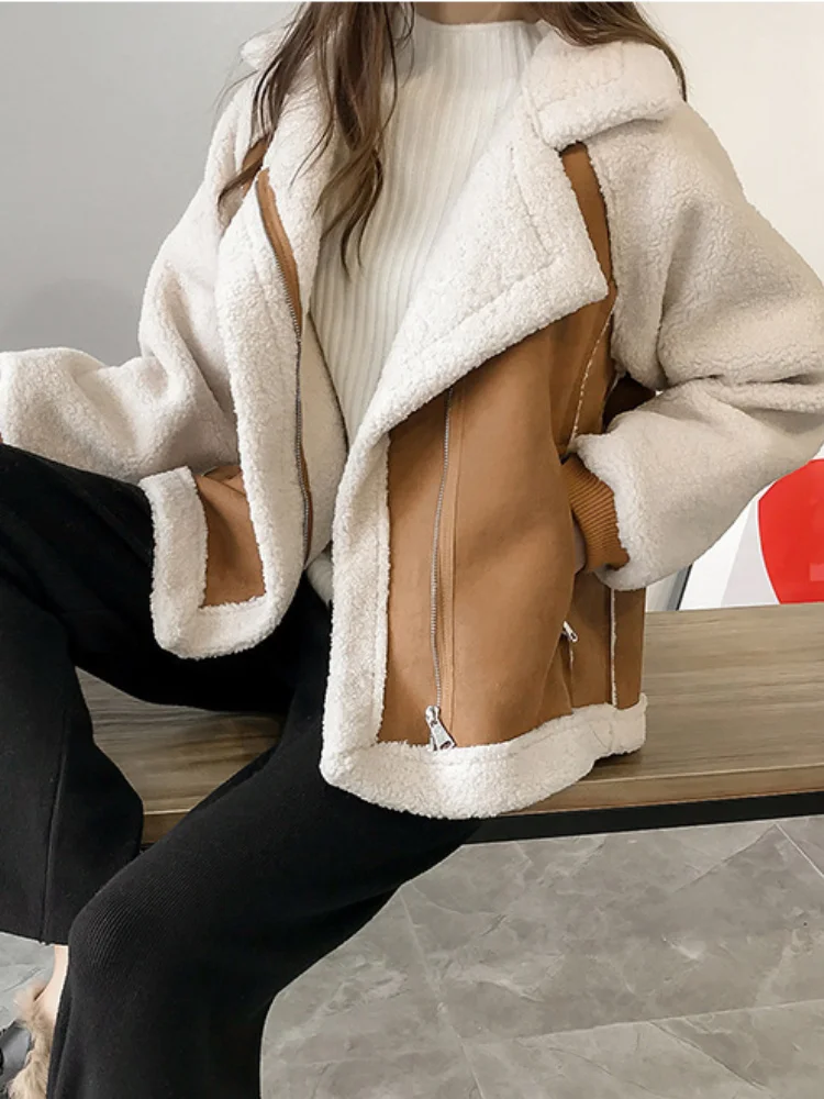2021 Loose Fur One-piece Suede Jacket Women Short Lamb Thicken Fur Coat Lapel Zipper Coat Women Fashion Stitching Fur Jacket