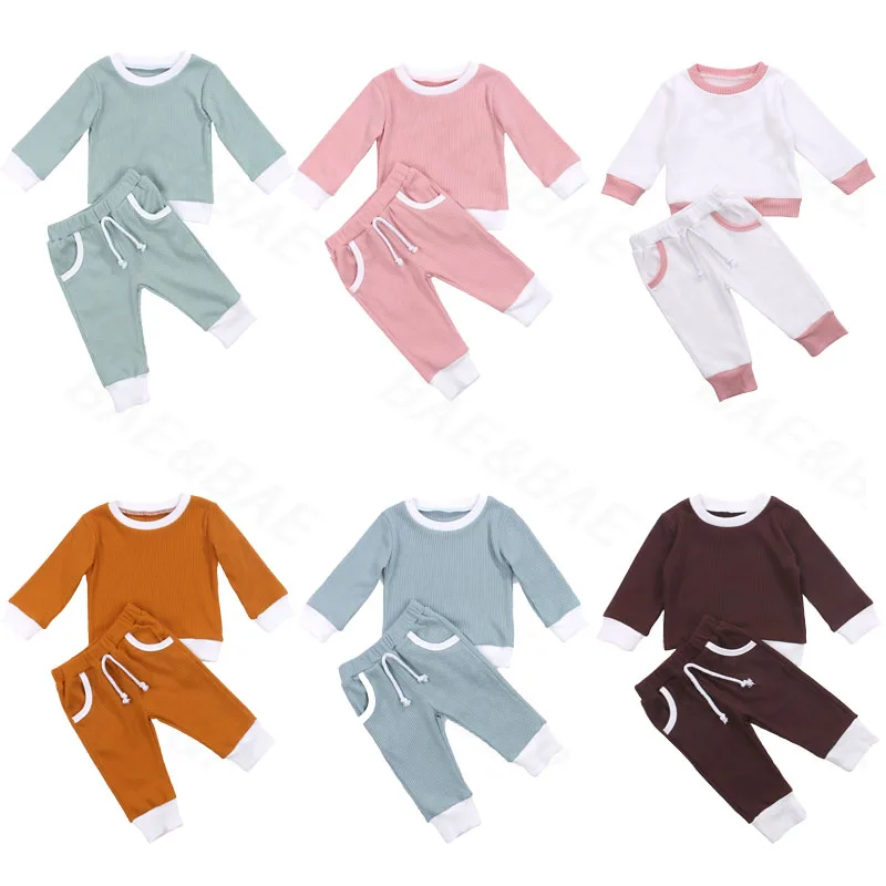 

0-4Y Toddler Baby Boys Girls Autumn Clothing Newborn Kids Baby Girls Ribbed Knitted Long Sleeve T-shirts+Pants Tracksuits Sets