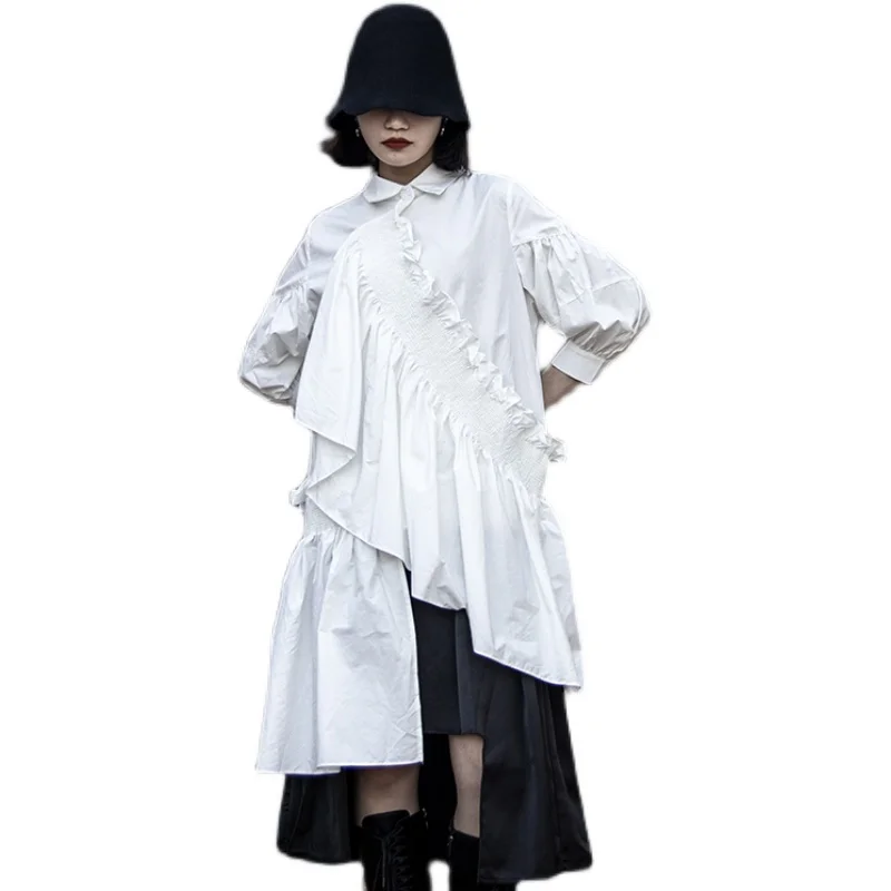 

SuperAen 2021 Summer New Fashion Dress Female Black White Solid Color Niche Design Asymmetry Office Lady Long Shirt Dress