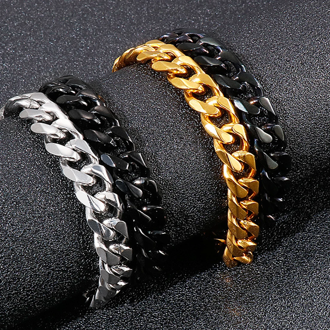 

Curb Cuban Link Chain Bracelet Jewelry for Women Men Silver Gold 316L Stainless Steel Two Chains Bangle Punk Gift
