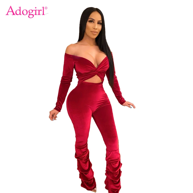 red jumpsuit Adogirl, женский модный сексуальный вельветовый комбинезон, крученый вырез, v-образный вырез, с открытыми плечами, длинный рукав, Облегающий комбинезон с рюшами, штаны, Комбинезоны - Цвет: red jumpsuit
