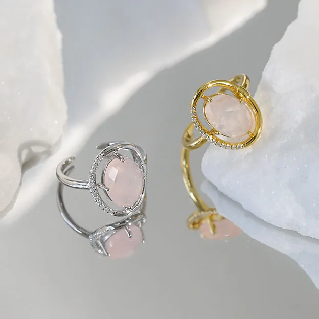 

French Design Pink Stone Finger Rings For Women Fashion Jewelry Sweet Elegant Gold Ring Jewellery Ladies Gift