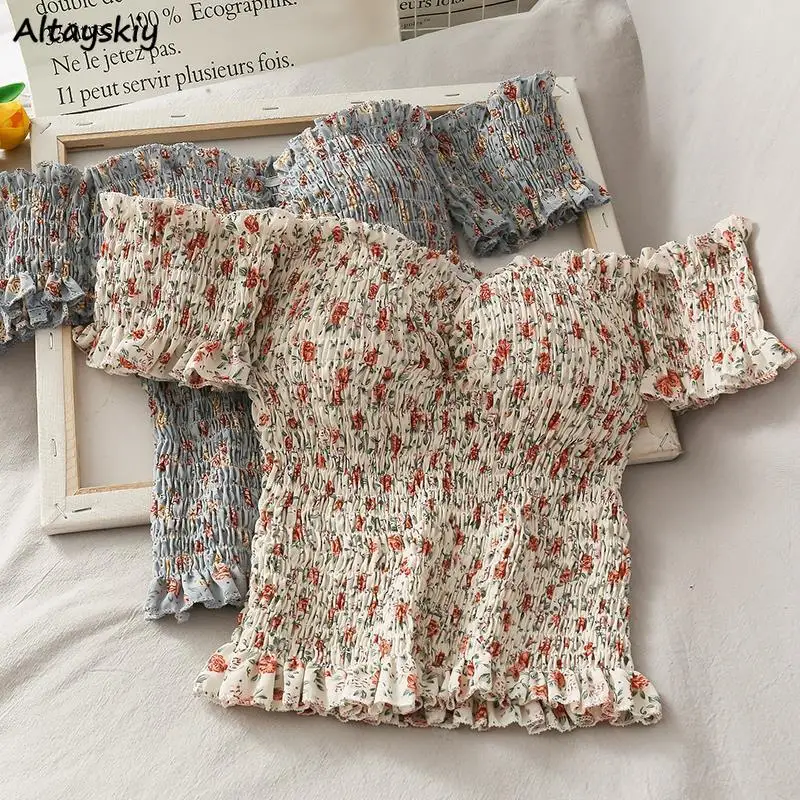 

Blouse Women Summer Sweet Folds Slash Neck Floral Holiday Retro Fashionable Edible Tree Fungus Ladies Lovely Slim Stretchy Sexy