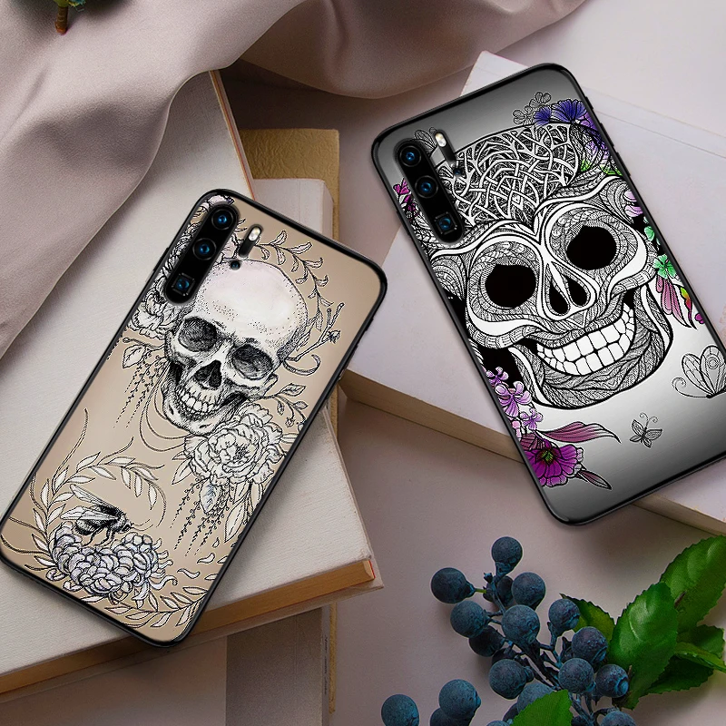 Череп татуировка в форме цветка Чехлы для мобильных телефонов huawei P10 P20 2019 M10 M20 M30 S6