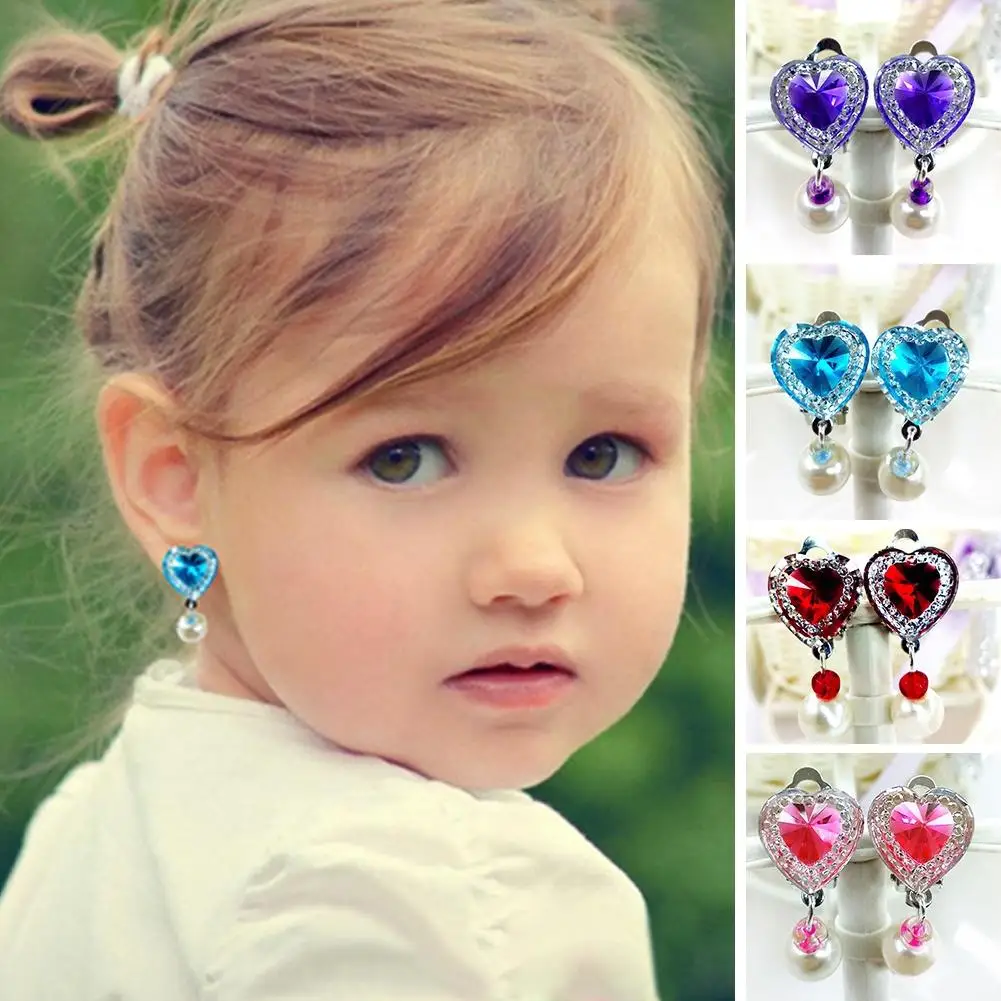 

Fashionable 7-color Children's Heart-shaped Rhinestone Pearl Pendant Ear Clip Cute Non-porous Girl Student Earrings Jewelry Gift