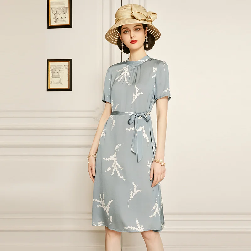 

SHZQ Silk Dress 2021 Summer New Fashion Slim Waist Mulberry Silk Short Sleeve Skirt