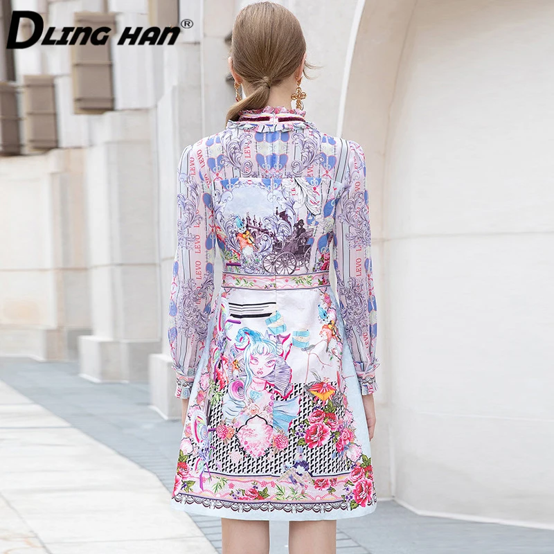 

DLINGHAN Fashion Floral Print Mini Dress Women's Stand Collar Long Sleeve Ruffles Indie Folk Dresses Designer Autumn New