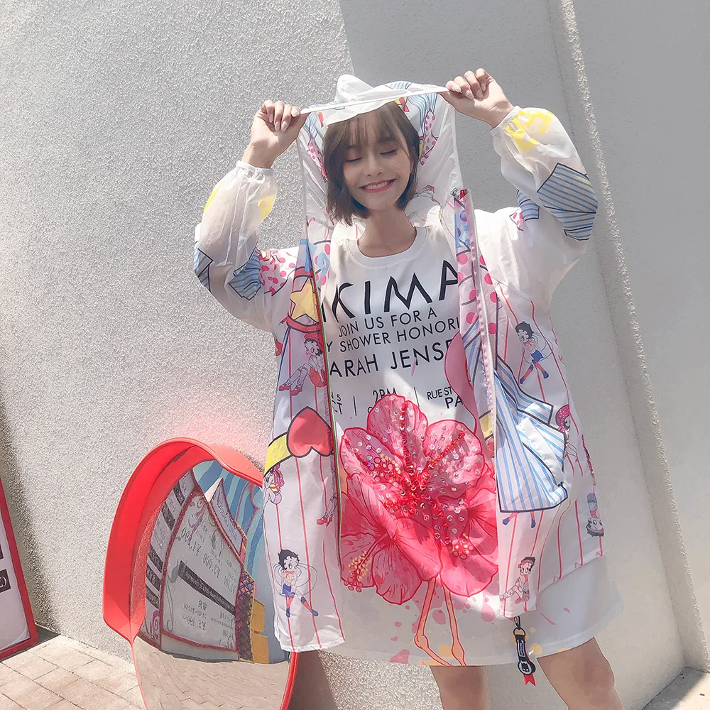 2020 Летняя мода мультфильм печати свободные с капюшоном тонкие пальто женские