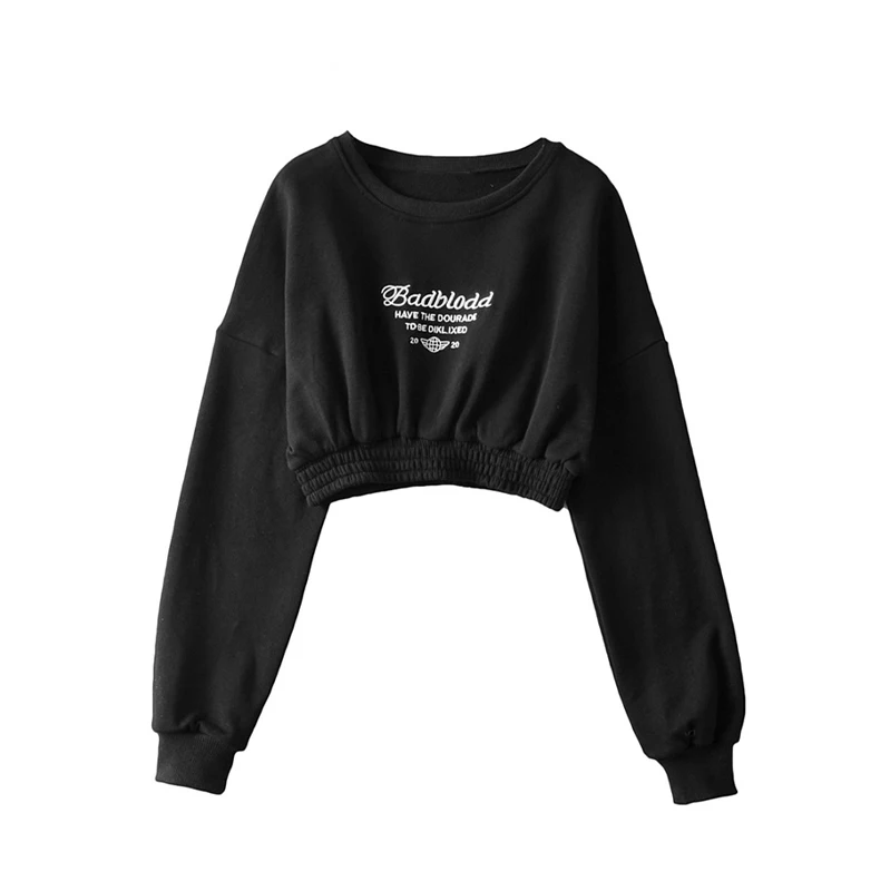 

spice girl style short waist open navel long sleeve top women's spring autumn personalized letter embroidered sportswear