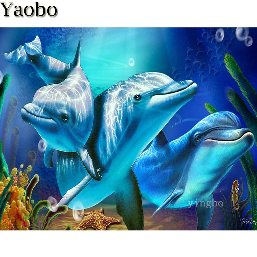

Алмазная 5D Вышивка стразы, полное квадратное круглое украшение, дельфин, милая Бриллиантовая вышивка морским животным