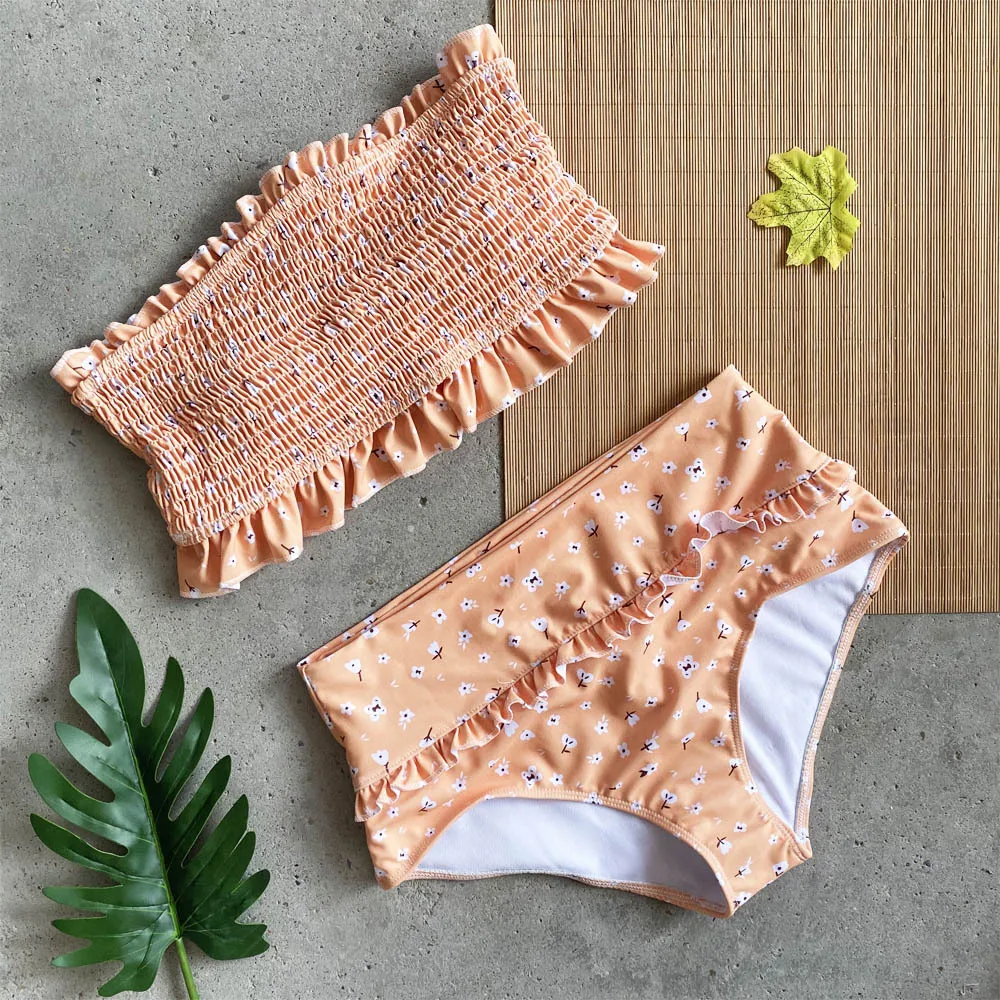 

Floral Printed Smocking Bikini Set Women Strapless High Waist Swimsuit Swimwear Female Ruffle Push Up Bathing Suit
