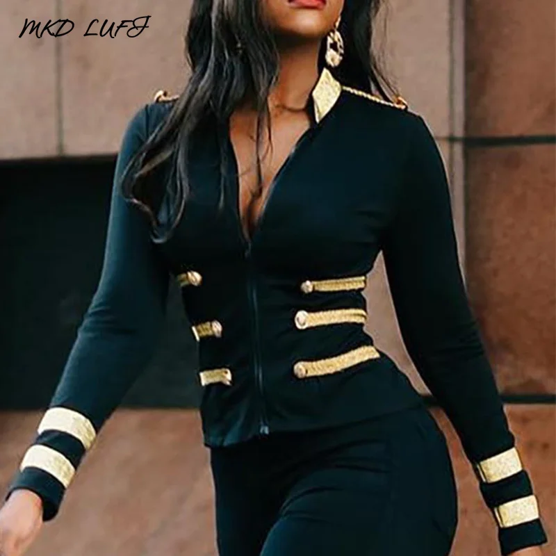 Модное пальто с контрастной лентой и пуговицами Женское воротником стойкой