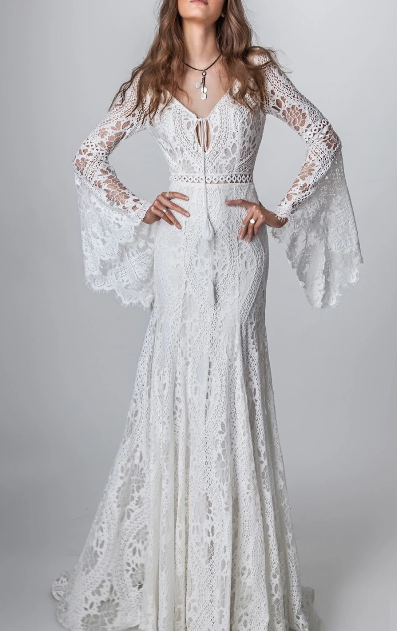 803#2021 New Design Long Lantern Sleeve Empire V-Neck Backless Small Train Beauty Backless Lace Boho Beach Wedding Dresses Women